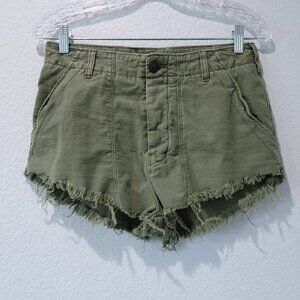 Free People Women's Frayed Hem Denim Shorts High Rise Raw Standoff Moss Green 6